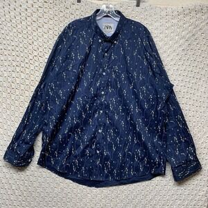 Zara Shirt Mens 2XL Navy Blue Floral Long Sleeve Button Down Collar